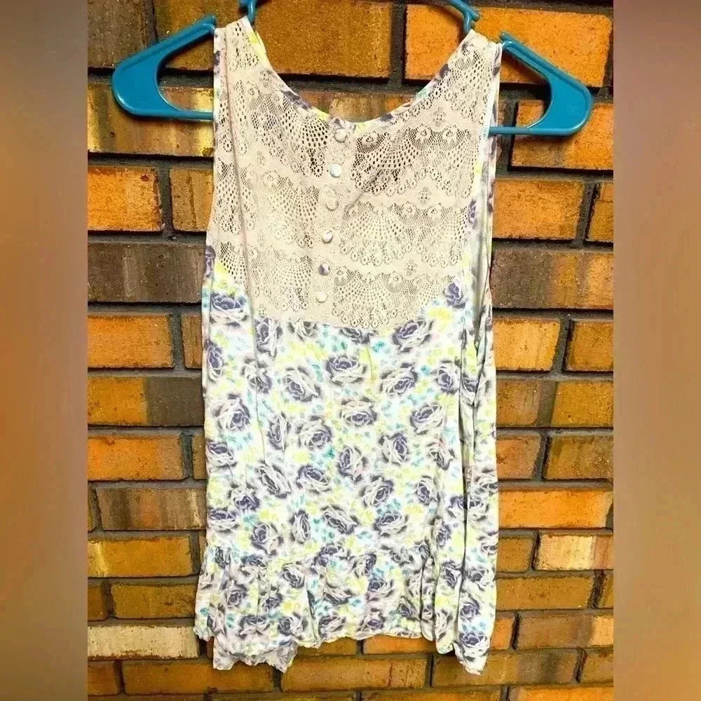 Free People Floral Lace Collared Tank Top